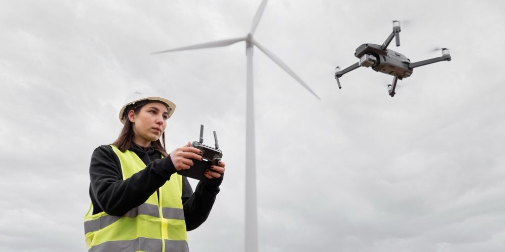 Woman piloting a drone for construction survey