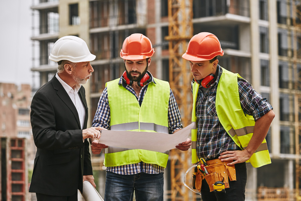 Construction team wearing personal protective equipment including hard hats, safety vests, and ear protection reviewing architectural plans.