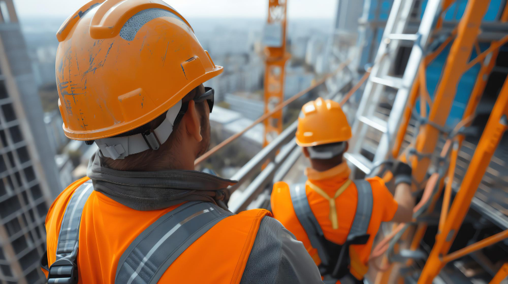 Construction manager discussing building plans with engineers wearing safety vests and hard hats at a commercial construction site.
