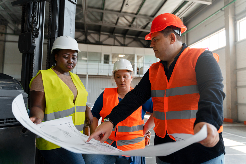 Contractor and site engineer examining construction blueprints in front of a multi-story building under construction.