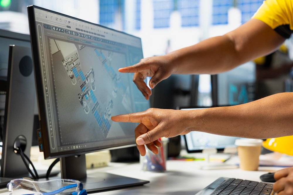 Engineers collaborating at a computer workstation, reviewing a digital building design and discussing technical details.